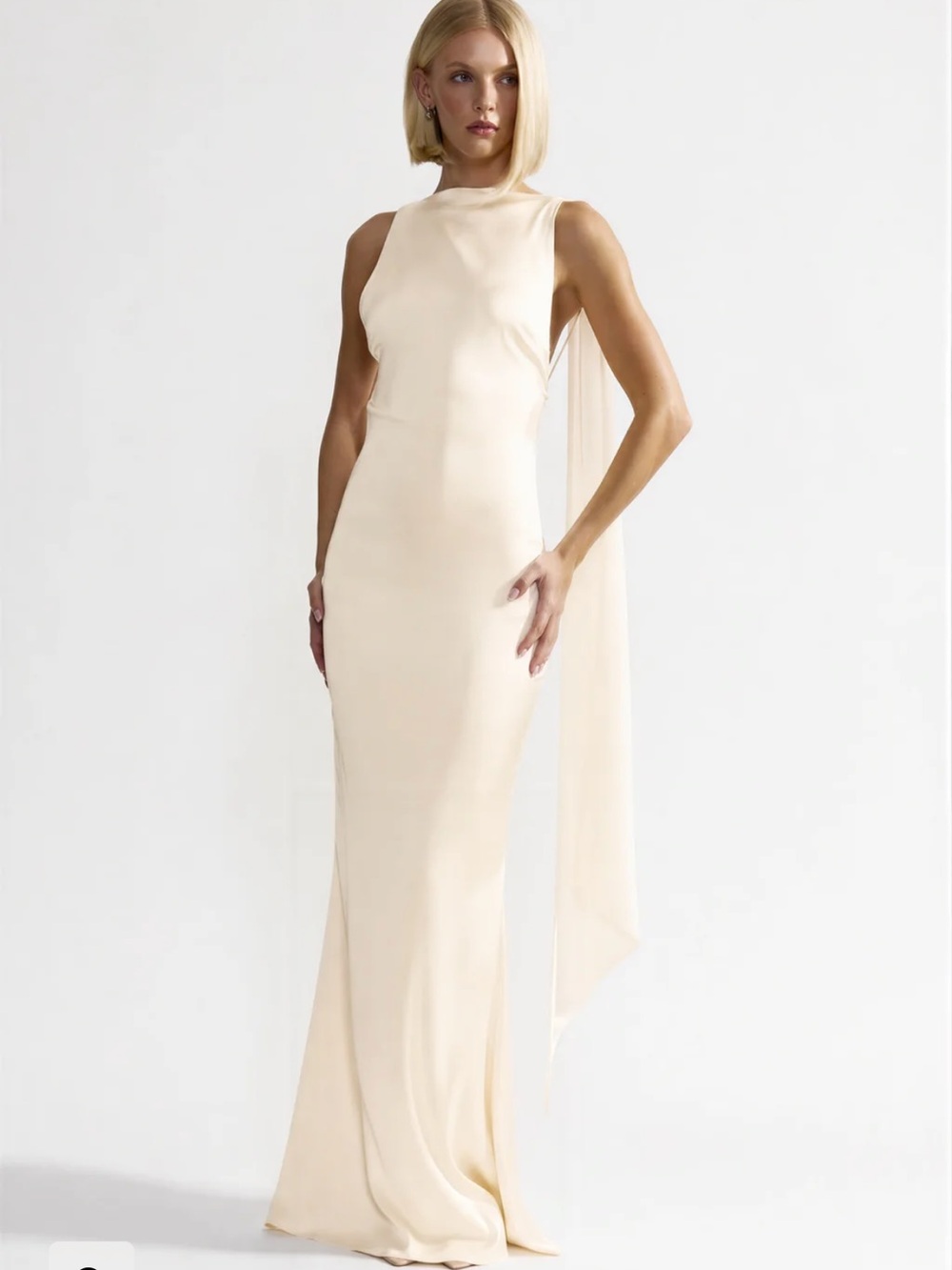 Studio LEXI Audrey High Neck Scarf Georgette Gown Dress Butter Cream US 4 Hemmed - Picture 2 of 11